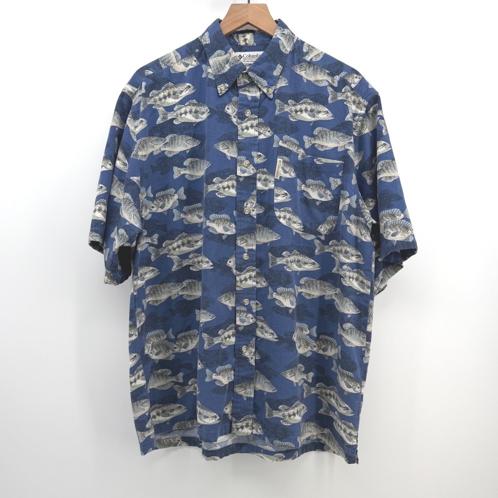 Columbia Shirt Mens Medium Blue Fish Print Short Sleeve Fishing Outdoors *Wear - Picture 5 of 11